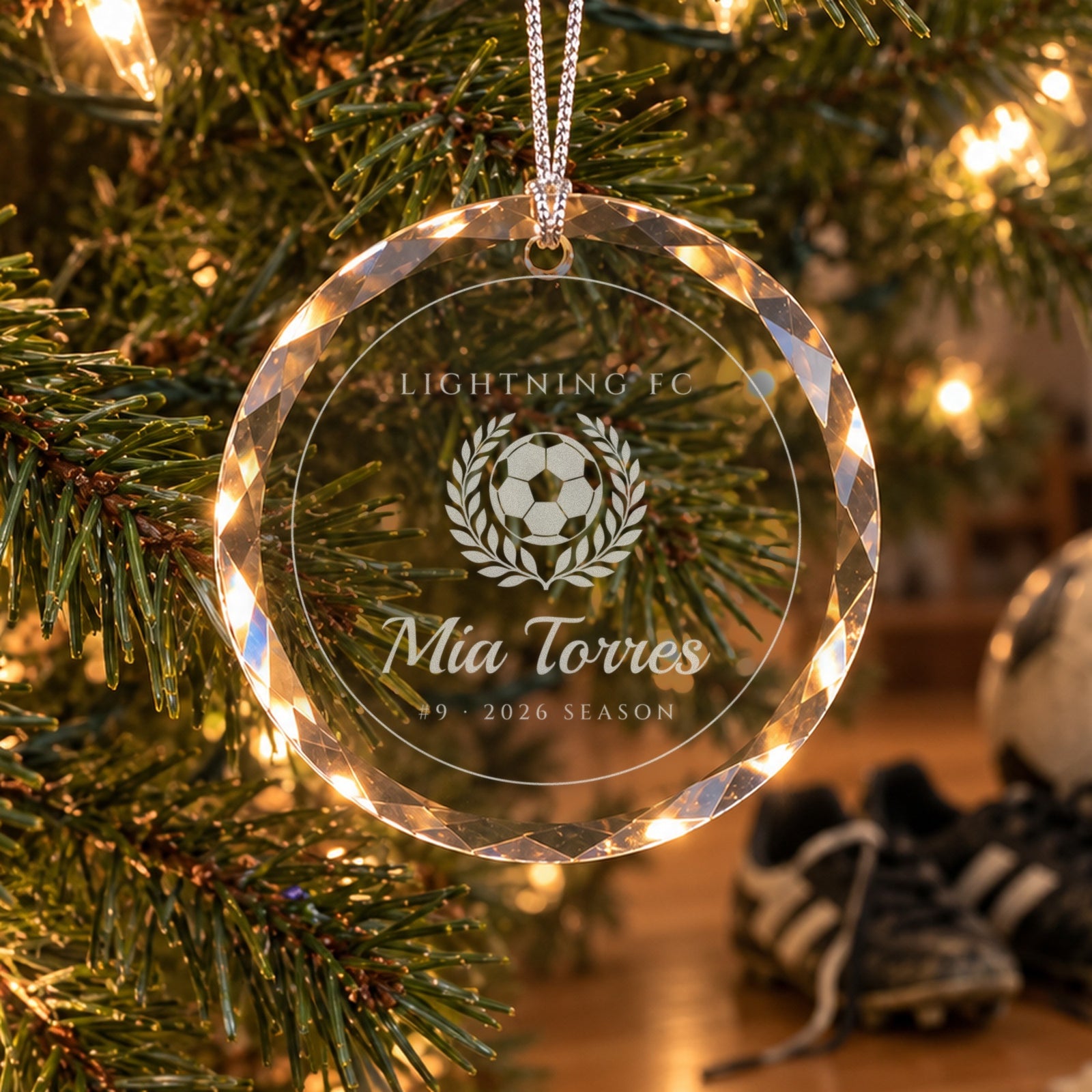 Personalized soccer ornament in faceted glass on a Christmas tree, engraved with a soccer ball in a laurel wreath, LIGHTNING FC, Mia Torres, #9 · 2026 SEASON
