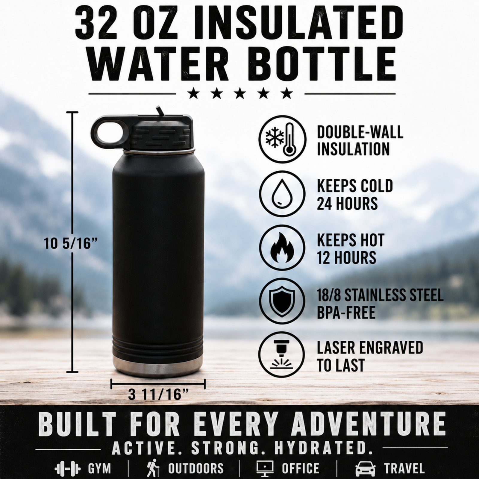 Size and features of the 32 oz insulated basketball player water bottle: 10 5/16 inches tall, double wall insulation, keeps drinks cold 24 hours, laser engraved