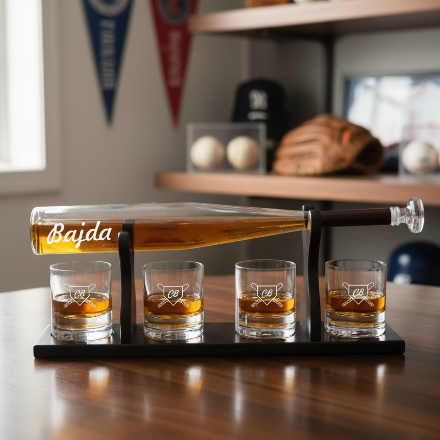 personalized basebal bat decanter set with whiskey glasses