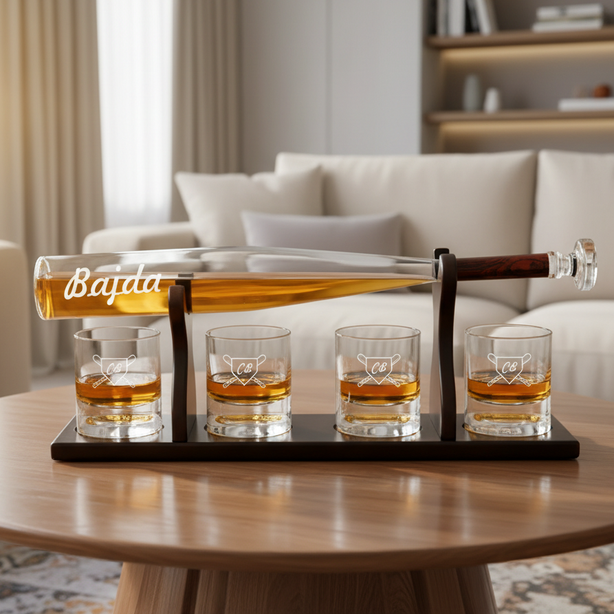 personalized baseball bat decanter with whiskey glasses