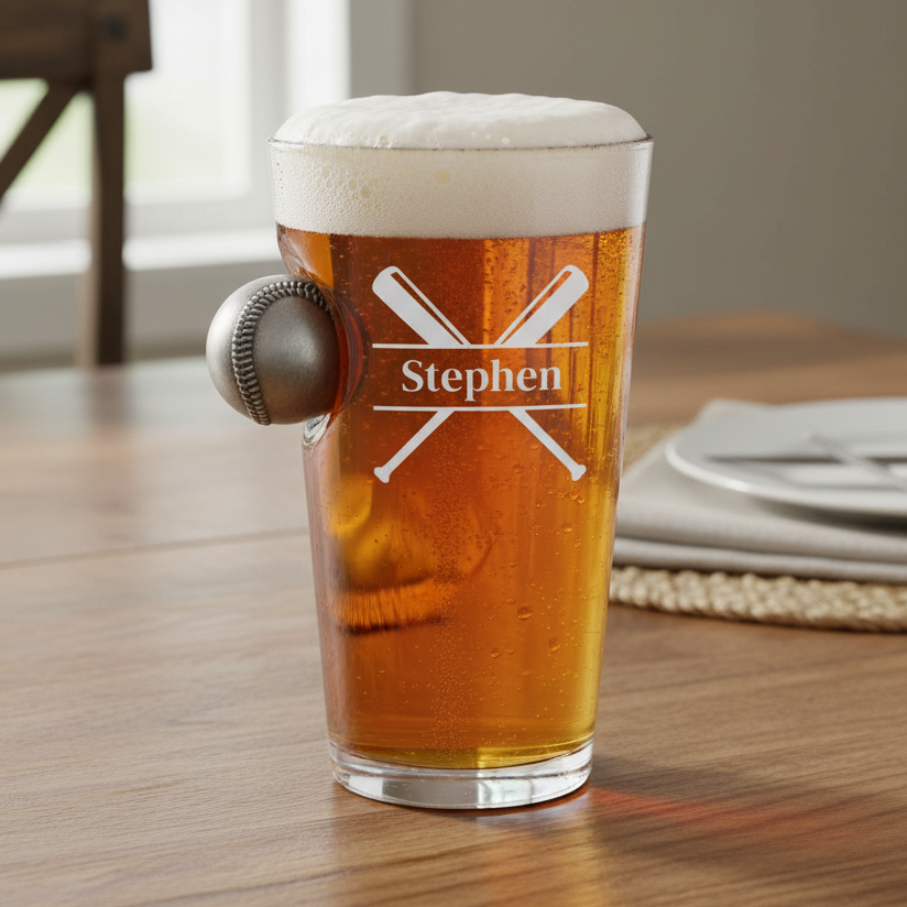 Personalized Baseball Pint glass with beer and &#39;Stephen&#39; engraving on a wooden table