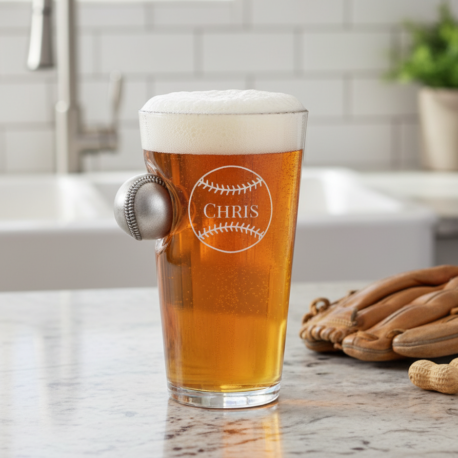 Pint glass with a baseball-themed design and 'Chris' engraving, filled with beer, on a kitchen counter.