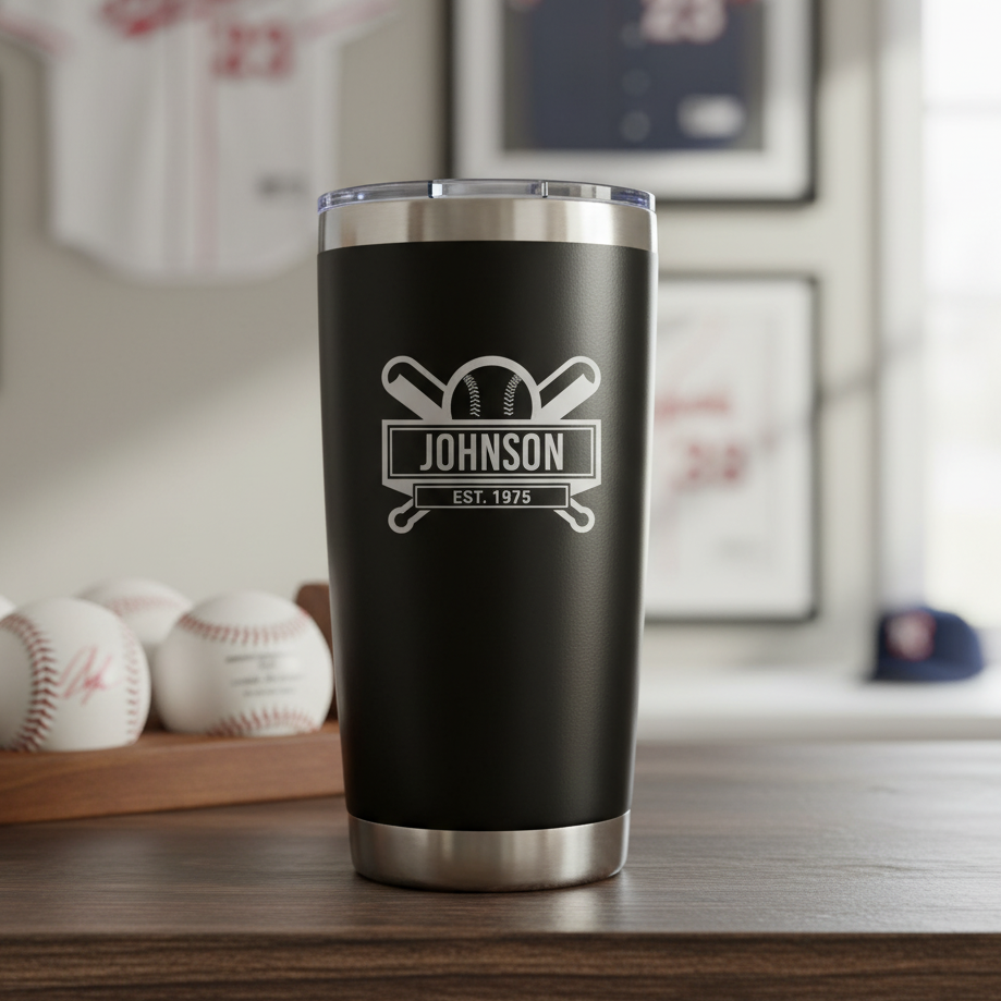 Black personalized baseball tumbler on a wooden surface with baseballs in the background