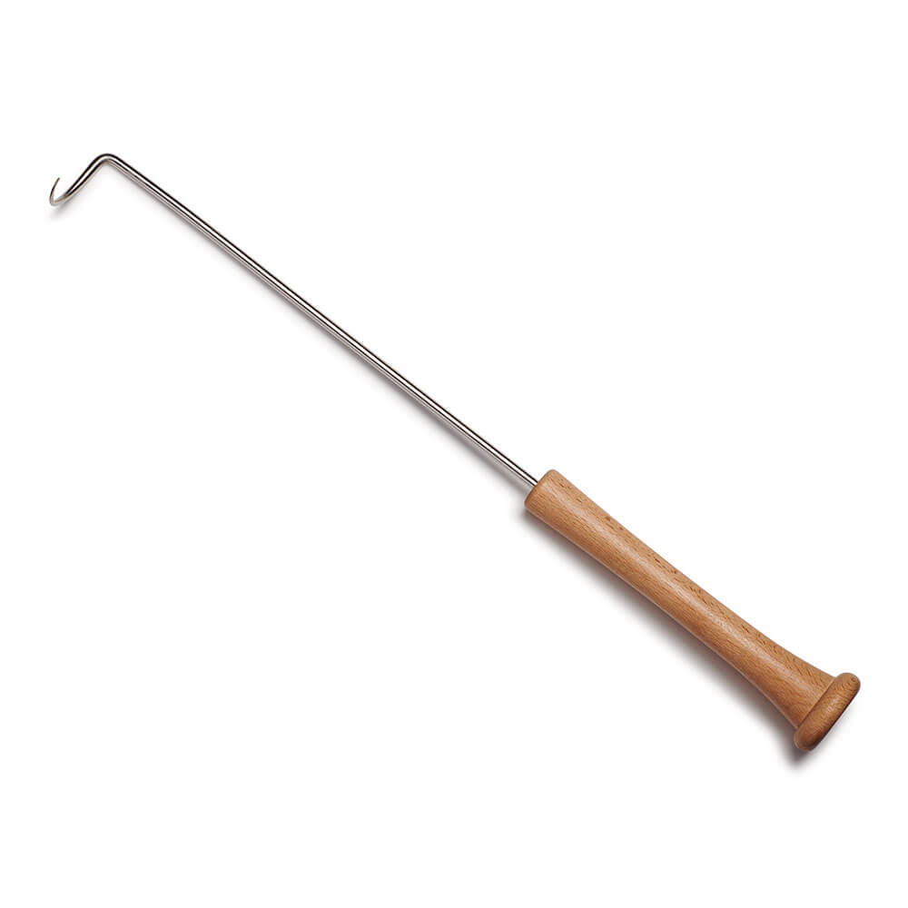 Stainless steel pigtail meat hook with a beech wood baseball-bat handle, photographed on a clean white background