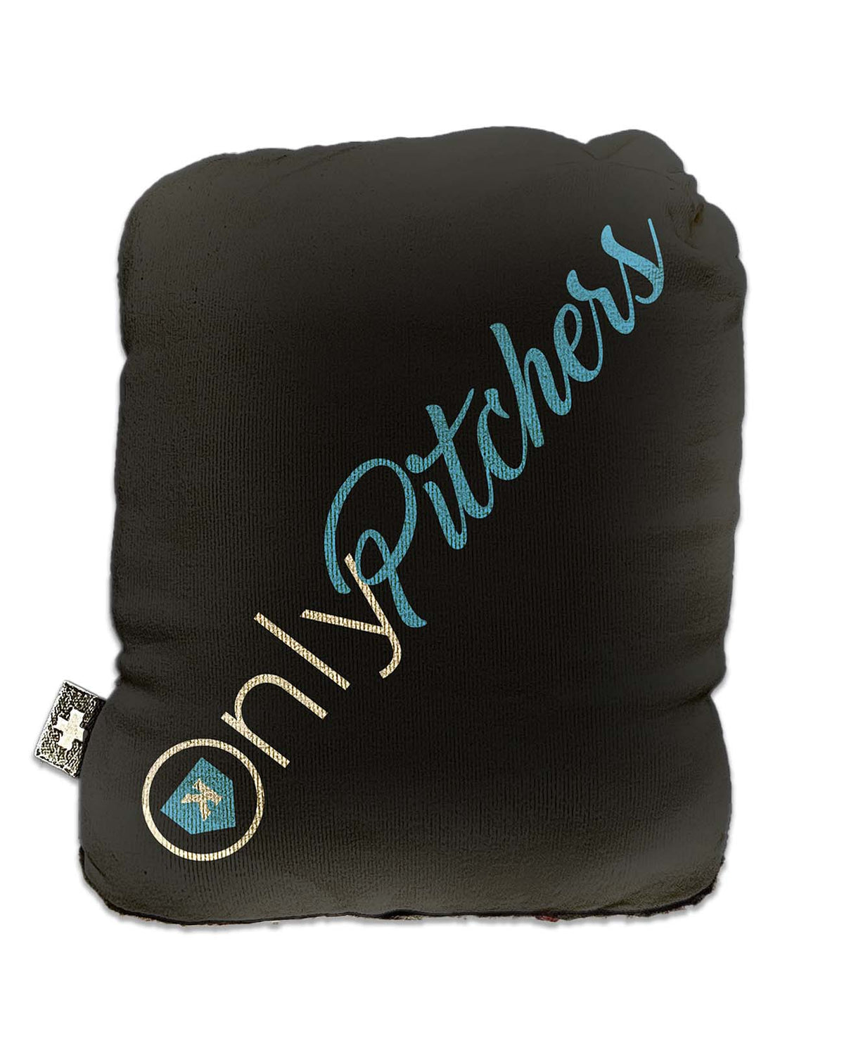Charcoal rosin bag with blue and gold embroidered "Pitchers Only" branding and circular logo on front, shown with included storage sock