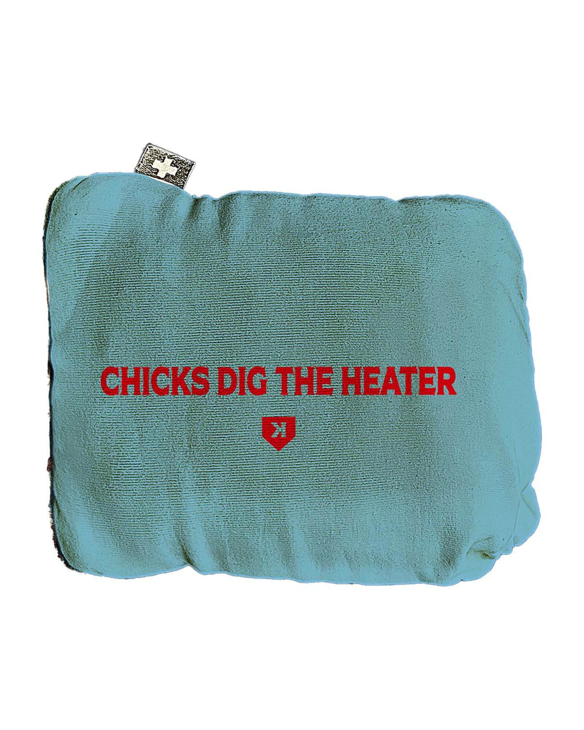 Turquoise rosin bag printed with red text reading "CHICKS DIG THE HEATER" and a small shield logo below, displayed against white background