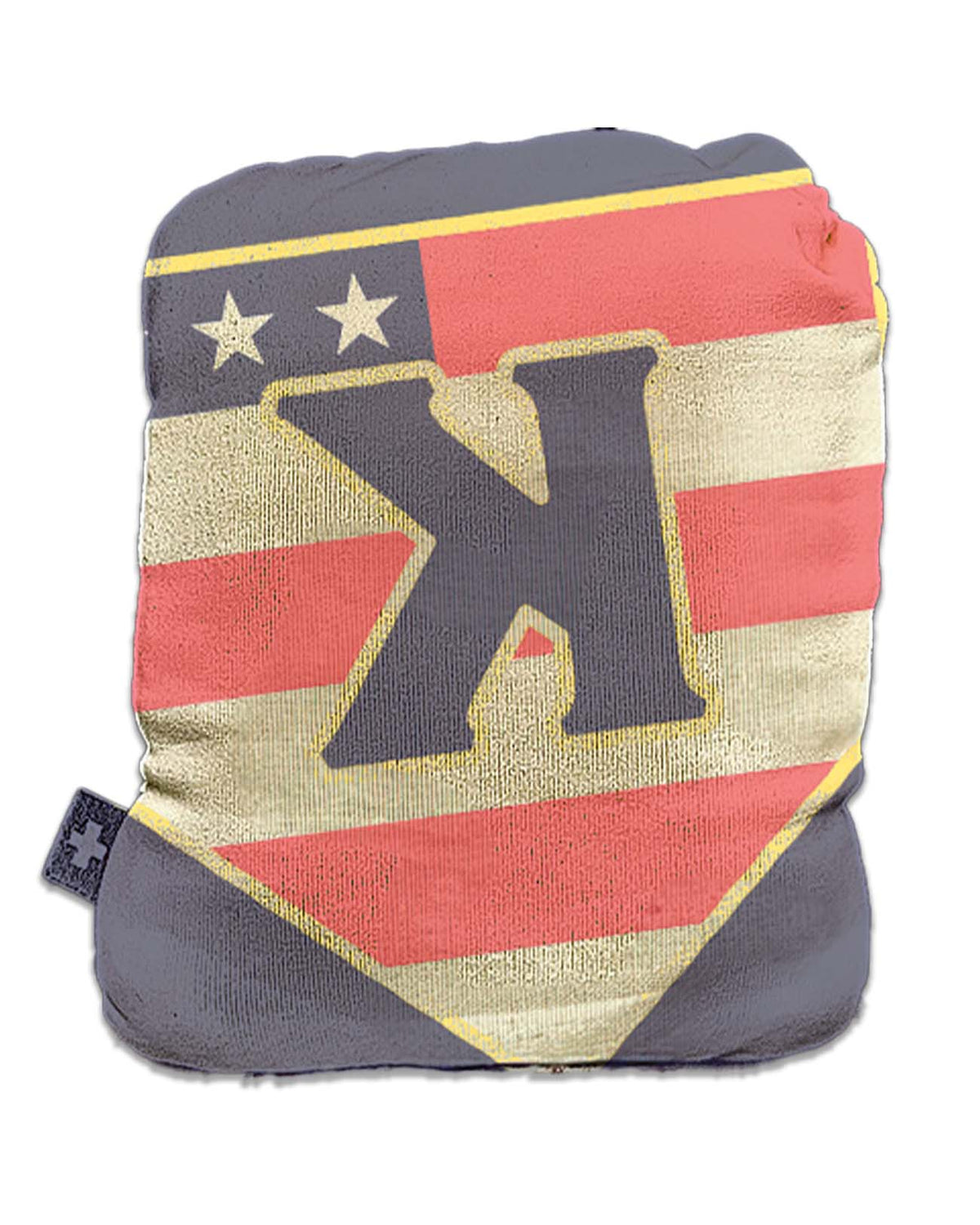 Rosin bag with red, tan, and charcoal striped design, two-star emblem, and large navy pitcher silhouette with gold trim accents.