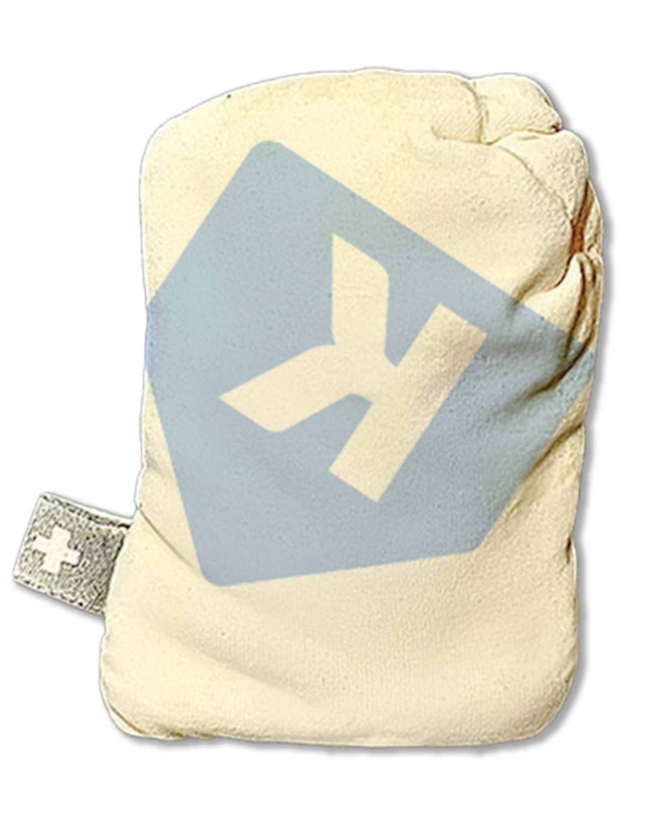 Cream-colored rosin bag with light blue square panel printed on front and small fabric care tag attached to side seam