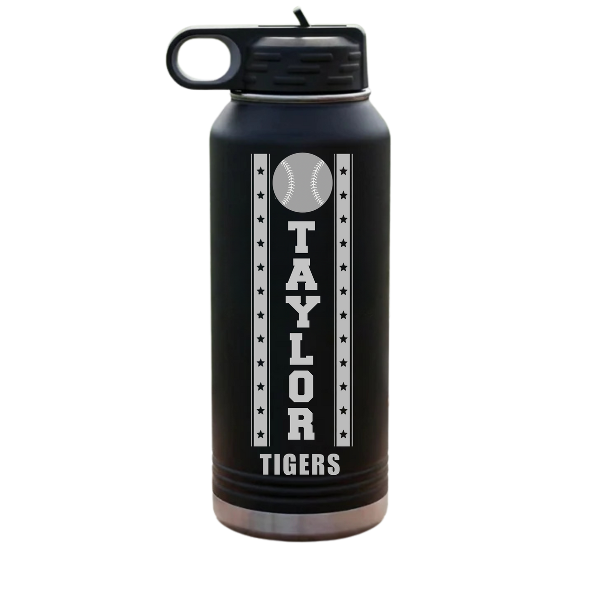 Black senior night baseball water bottle engraved with sample name TAYLOR and team name TIGERS, 32oz insulated stainless steel keepsake