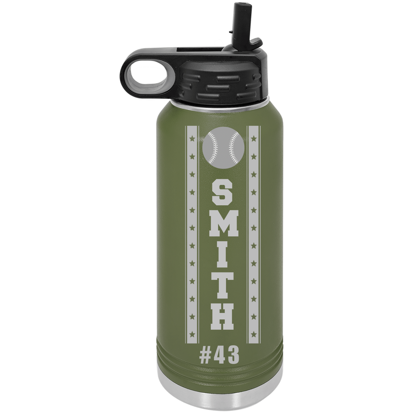 Personalized senior night baseball water bottle, custom engraved with a senior's name and class year, 32oz double-wall insulated stainless steel