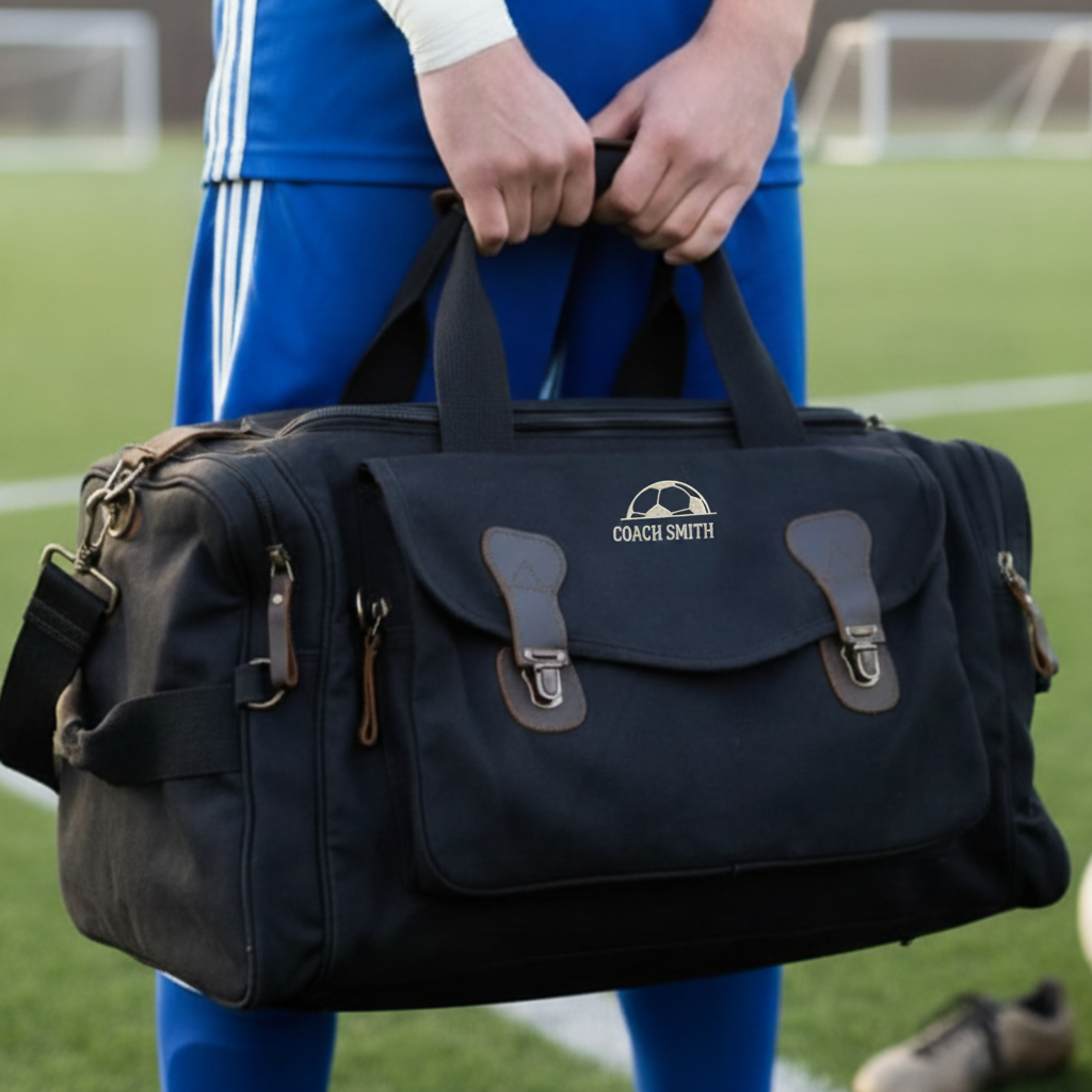 Soccer Groomsman Duffle Bag embroidered with name and soccer ball design