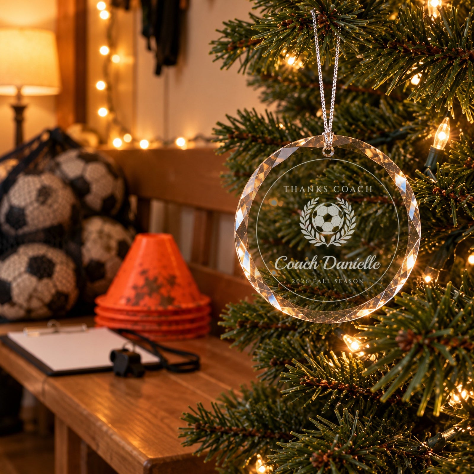 Soccer coach ornament engraved THANKS COACH, Coach Danielle, 2026 FALL SEASON on a Christmas tree beside a ball bag, cones and a clipboard