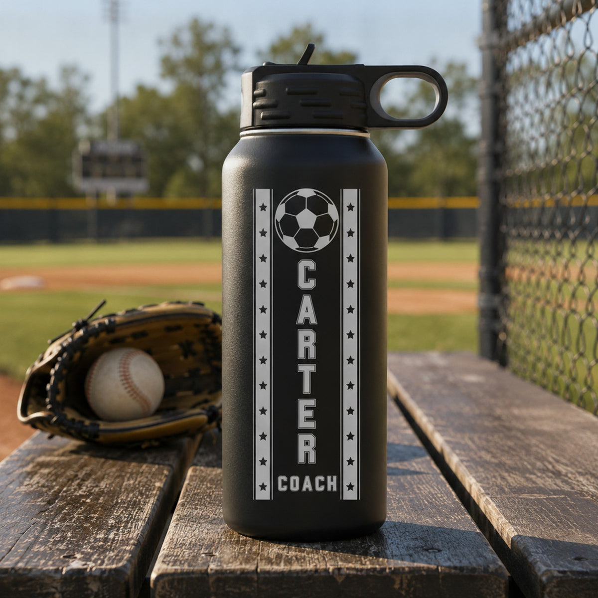 Personalized soccer coach water bottle in matte black, laser engraved with the name Carter and Coach inside a star-bordered soccer ball design, on a dugout bench.