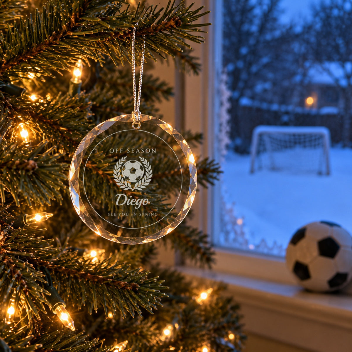 Soccer Christmas ornament engraved OFF SEASON, Diego, SEE YOU IN SPRING on a tree by a snowy window with a soccer ball on the sill