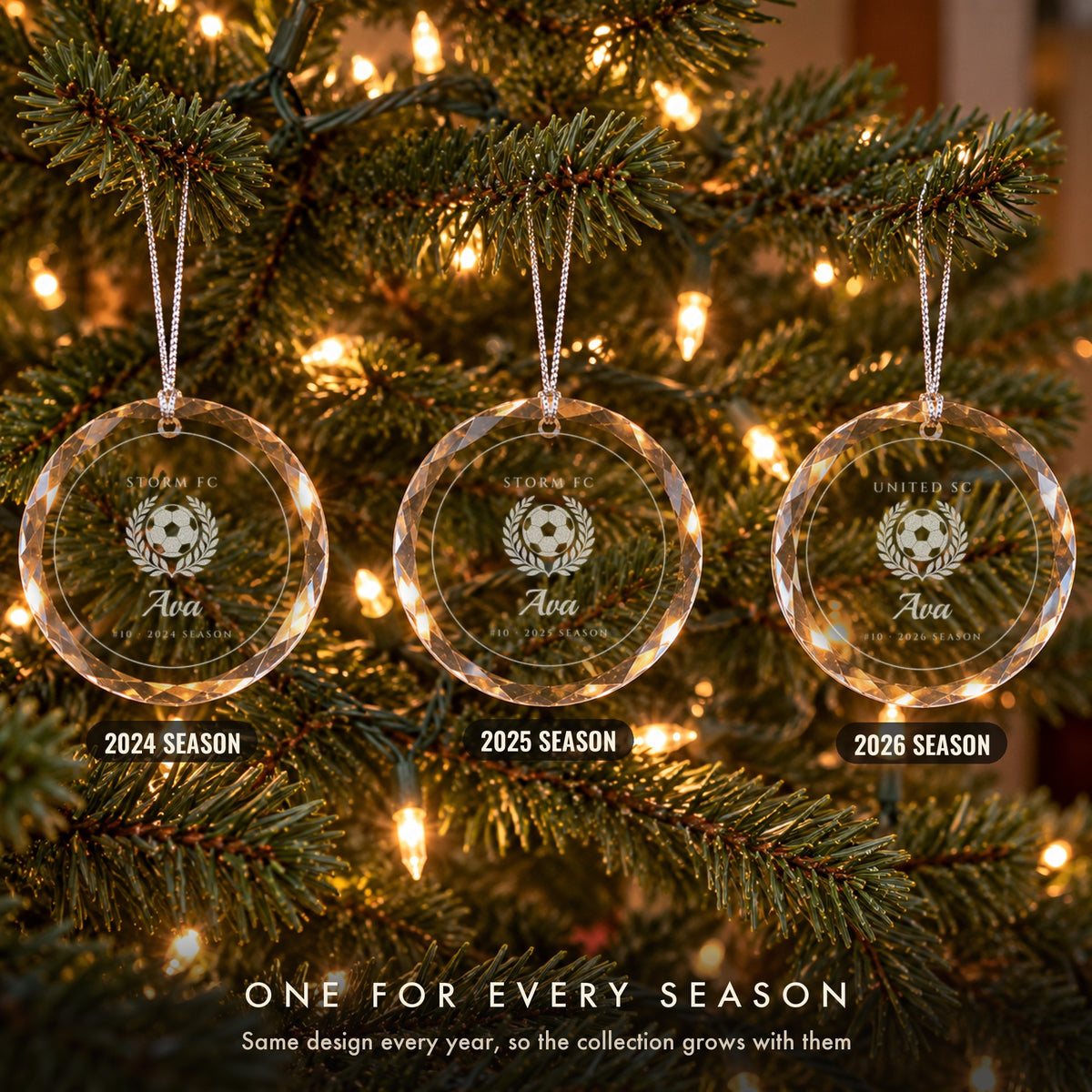 Three personalized soccer Christmas ornaments on a tree, one for each season, engraved Ava #10 for the 2024, 2025 and 2026 seasons