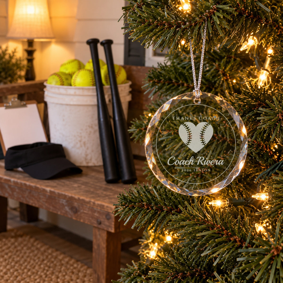 Softball coach ornament engraved THANKS COACH, Coach Rivera, 2026 SEASON on a Christmas tree beside a bucket of yellow softballs, two bats and a visor