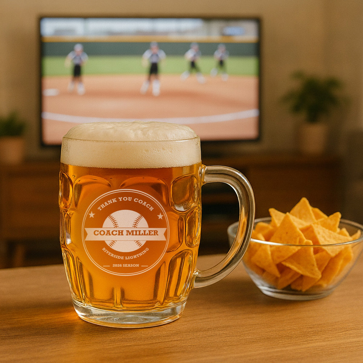 Engraved softball coach beer stein of lager on a coffee table next to chips, a fastpitch softball game on the television behind it