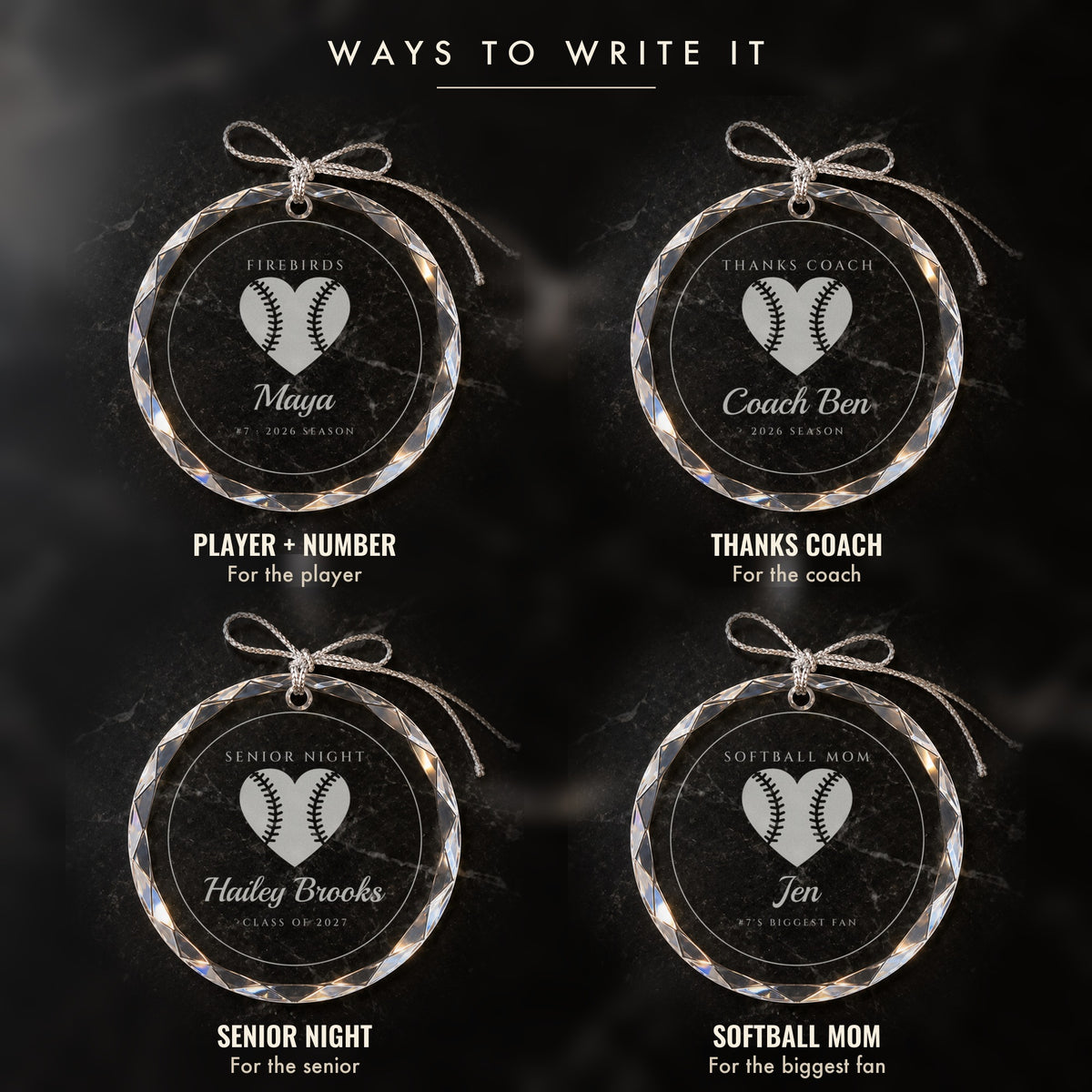 Four ways to write the softball ornament: a player with a number, THANKS COACH for the coach, SENIOR NIGHT and SOFTBALL MOM for the biggest fan