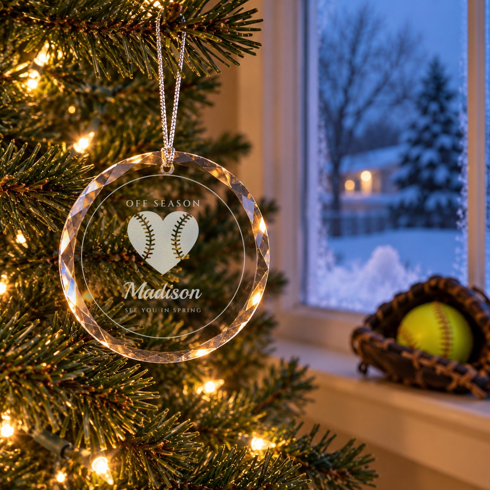 Softball Christmas ornament engraved OFF SEASON, Madison, SEE YOU IN SPRING on a tree by a snowy window with a glove and yellow softball on the sill