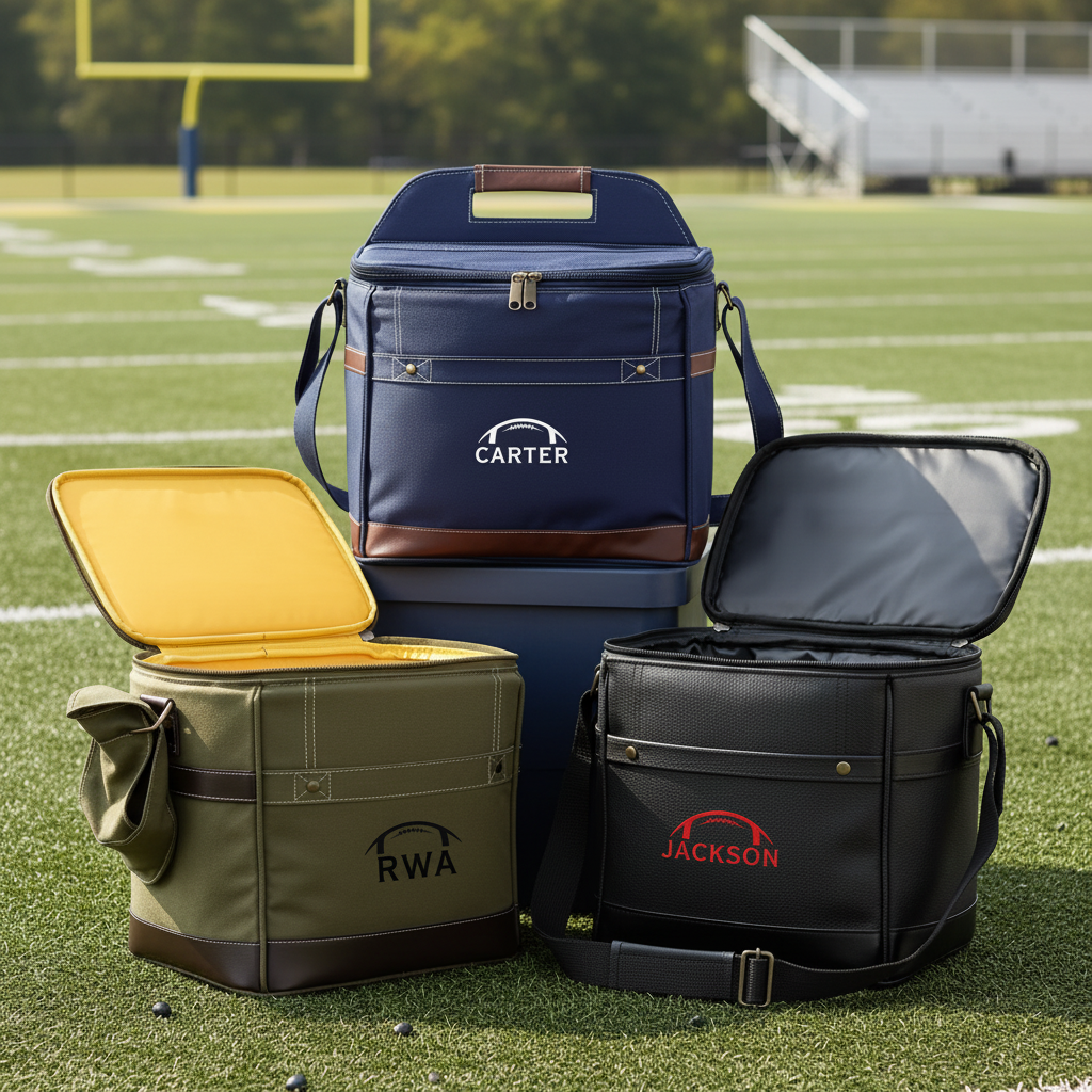 Personalized game day tailgate cooler in premium canvas with faux leather accents, embroidered with up to 3 initials, with an attached bottle opener and shoulder strap