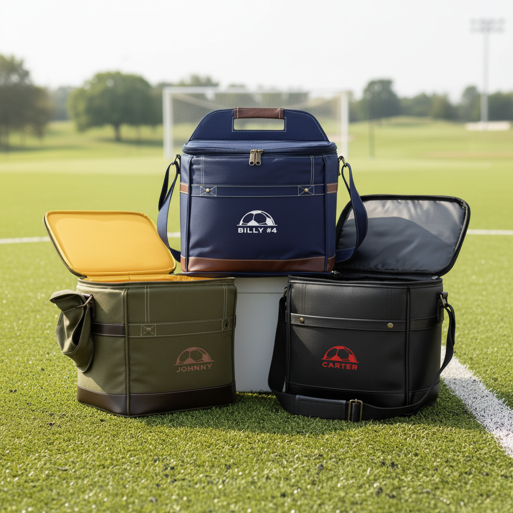 Personalized Pitch Day soccer cooler, a soft canvas insulated bag with faux leather trim embroidered with a name, holding up to 12 cans with a built-in bottle opener