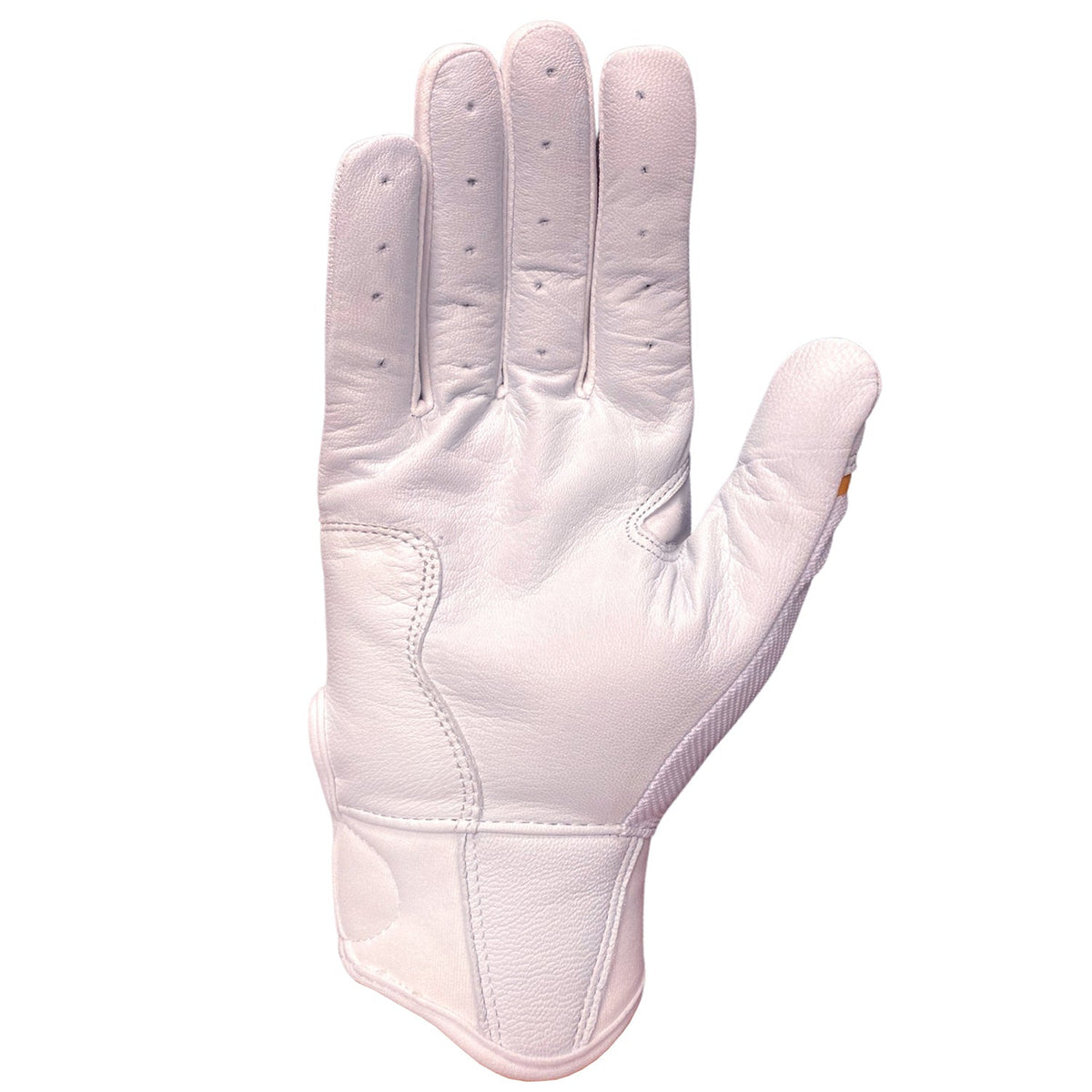 White Sting Squad batting glove displayed palm-side up showing textured grip surface and reinforced stitching on wrist cuff