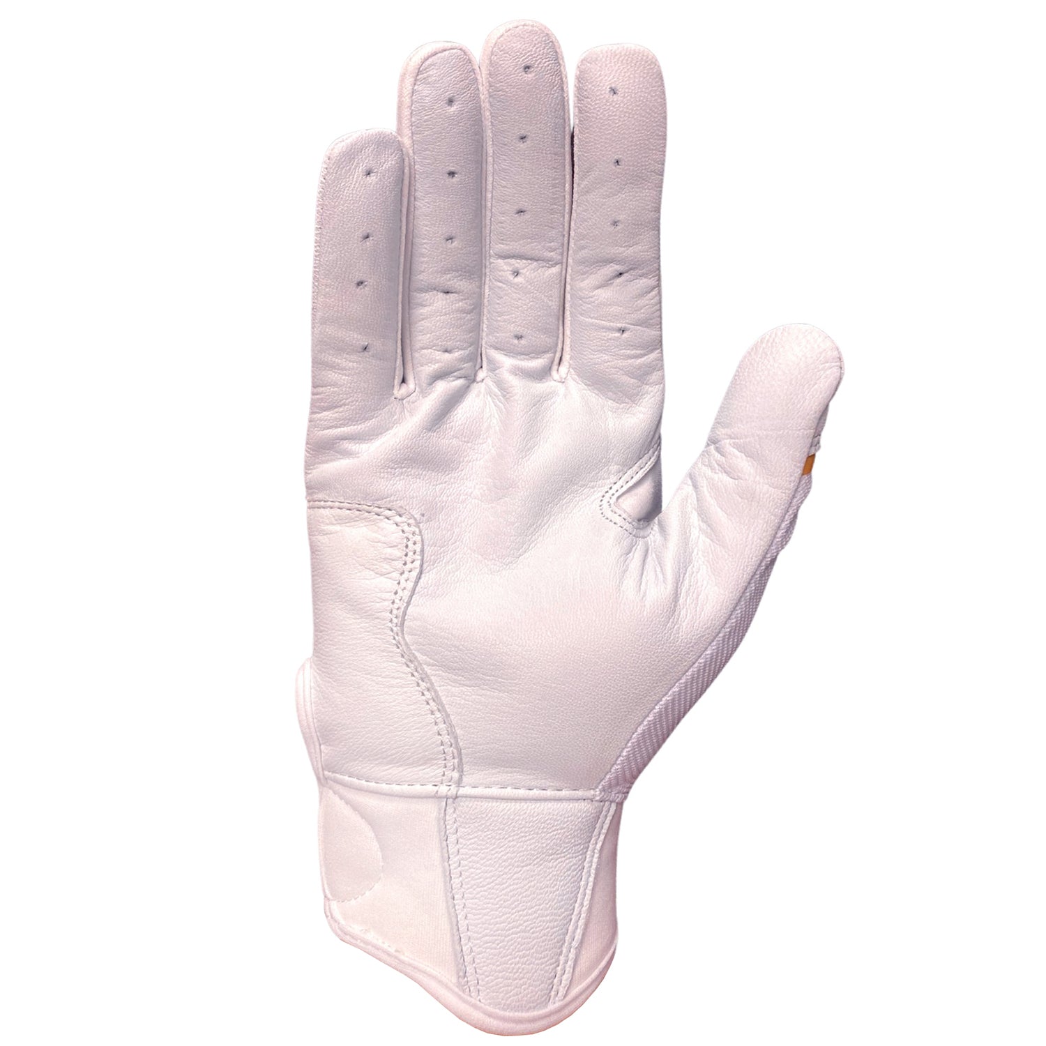 White Sting Squad batting glove displayed palm-side up showing textured grip surface and reinforced stitching on wrist cuff
