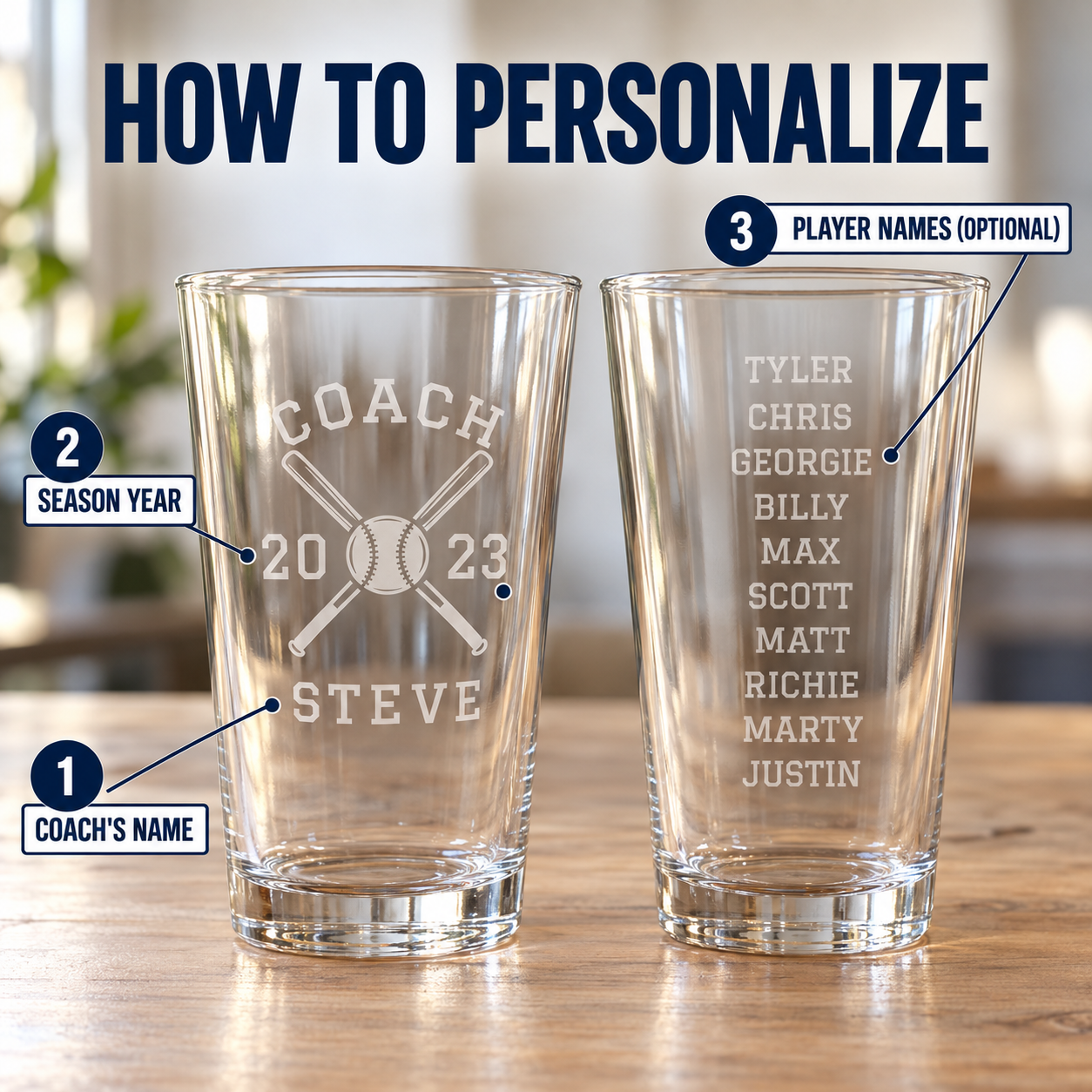 Team Roster Baseball Coach Pint Glass how to personalize guide: 1 coach's name STEVE, 2 season year 2023 on the front, 3 optional player names engraved down the back