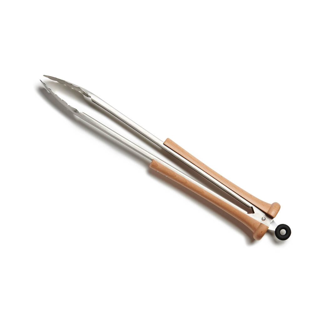 Stainless steel grilling tongs with a beech wood baseball-bat handle and scalloped scissor tips, shown on a white studio background