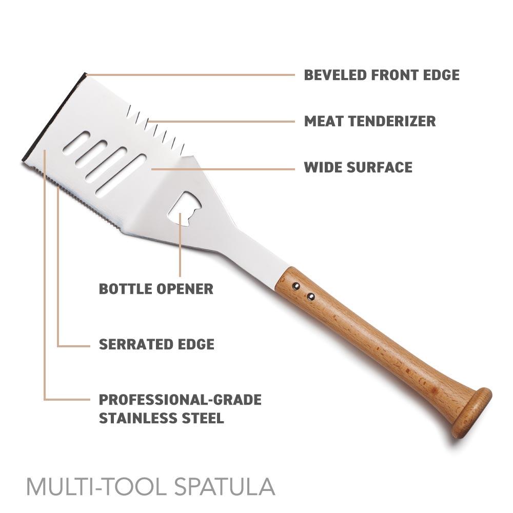 Brushback grill scraper with bat handle shown twice with sample 'YOUR TEXT HERE' and 'YOUR CUSTOM TEXT' placeholder engravings on the handle