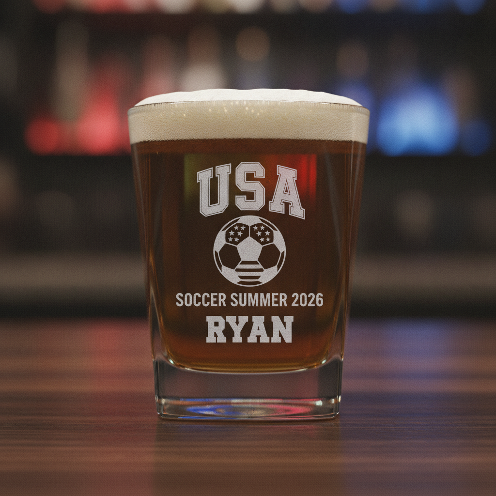 USA Soccer 2026 whiskey glass, a heavy-base rocks glass laser-etched with a USA stars-and-stripes soccer design and personalized with a name