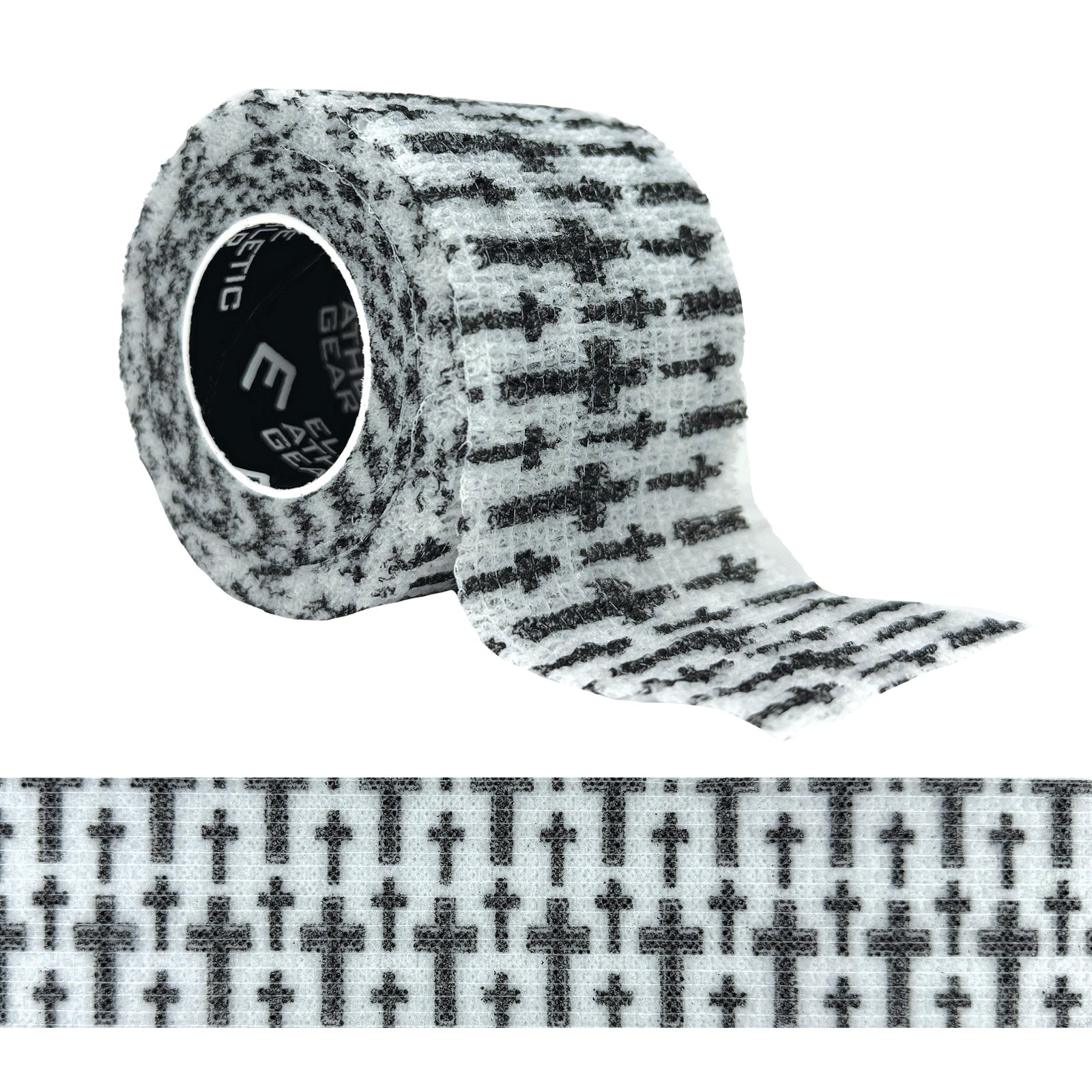 Roll of white and black cross-pattern self-stick athletic tape with partial unraveled section showing texture and design detail.