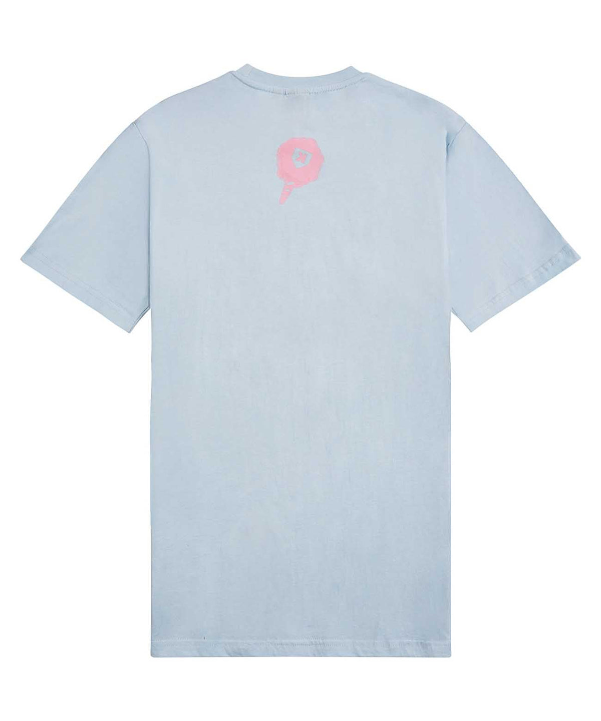 Light blue cotton t-shirt with pink baseball glove logo printed on back shoulder area