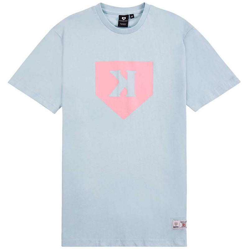 Light blue cotton t-shirt with pink home plate graphic and light blue pitcher silhouette printed on front chest area