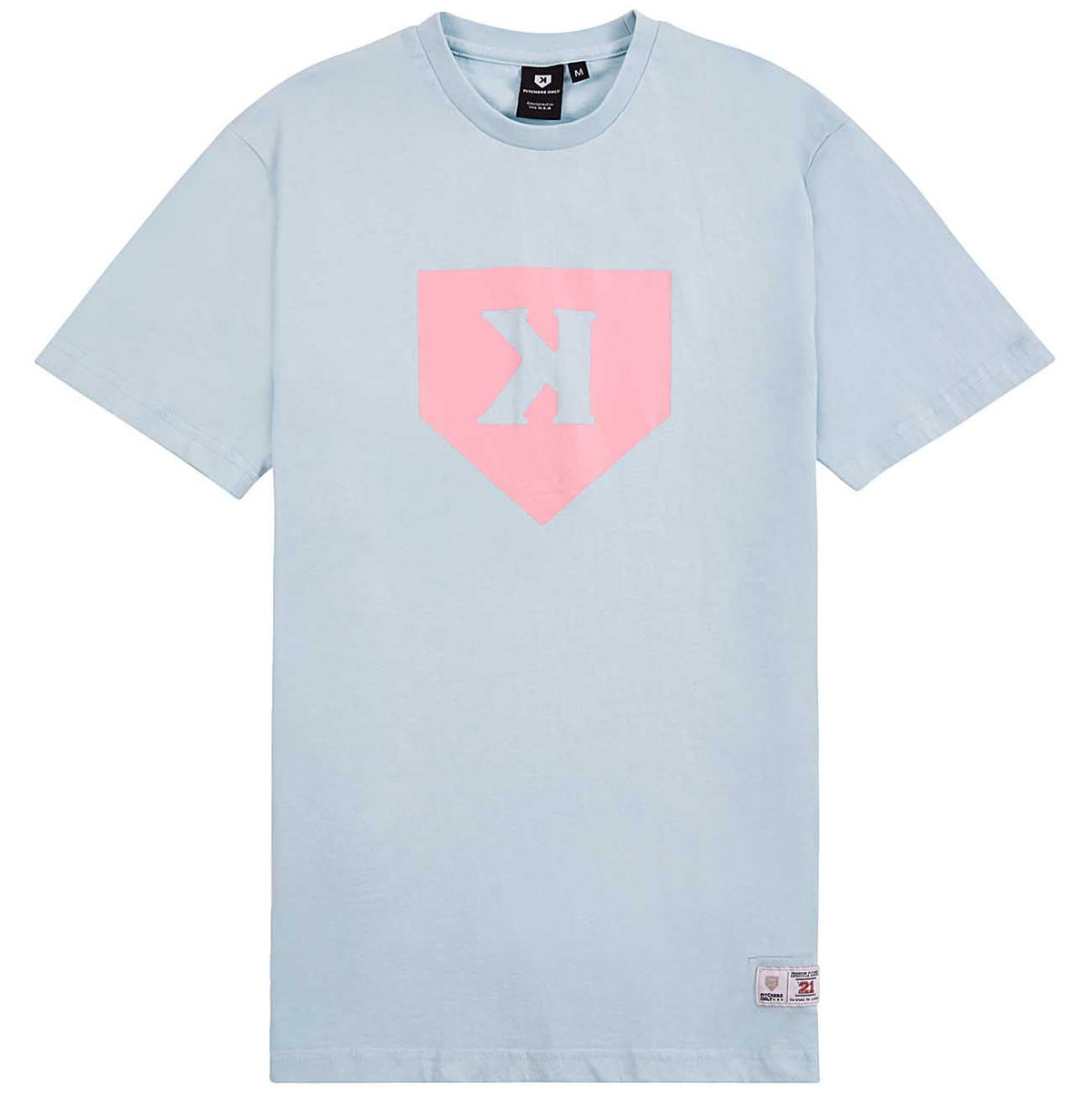 Light blue cotton t-shirt with pink home plate graphic featuring gray pitcher logo on front chest