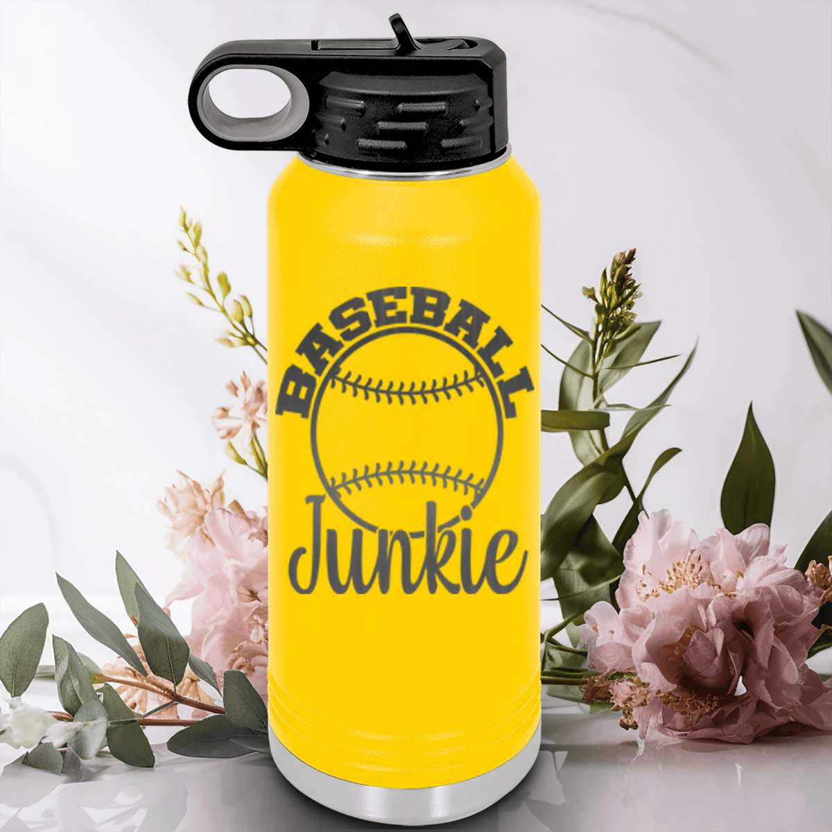 Yellow Baseball Water Bottle With Addicted To The Diamond Design