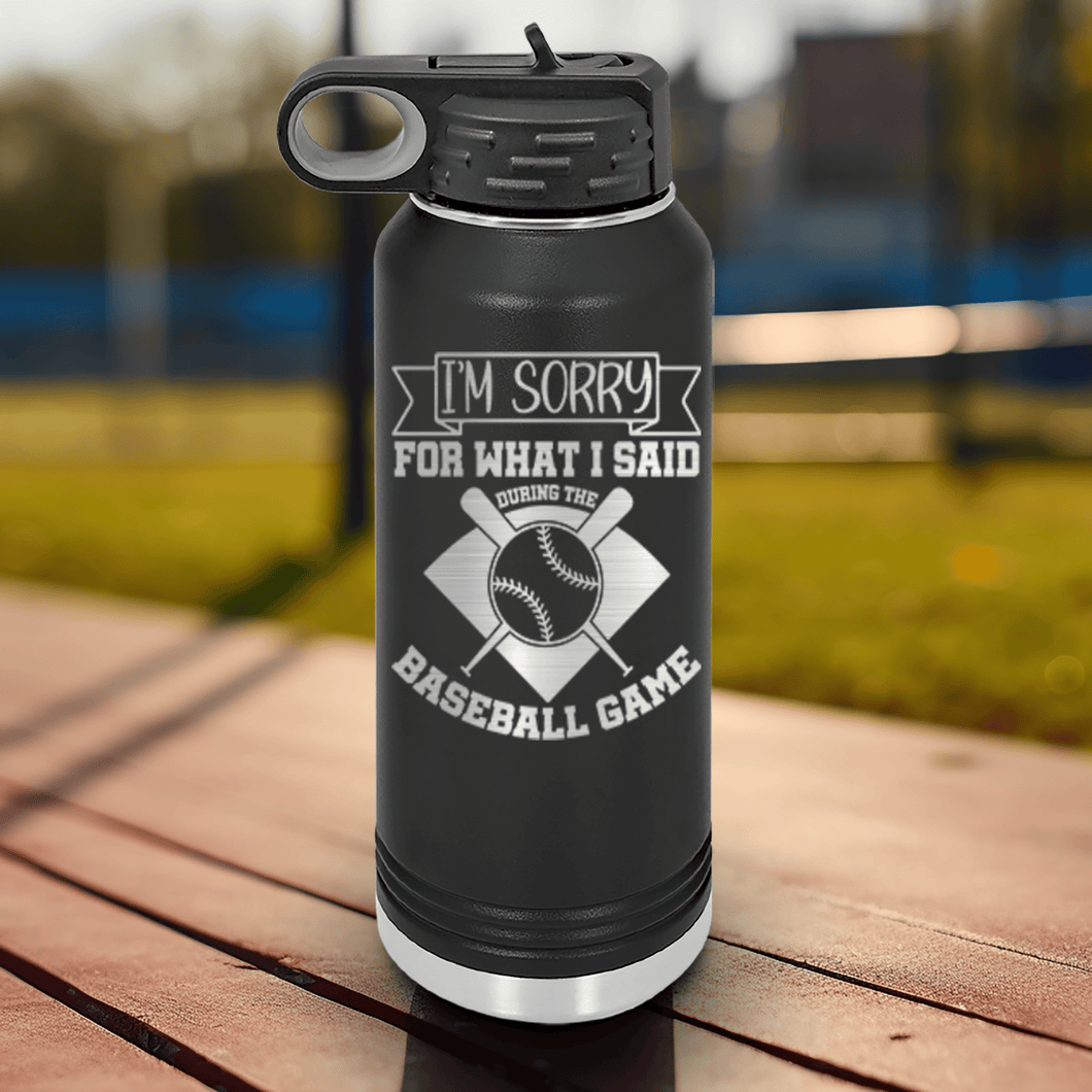 Black Baseball Water Bottle With Baseball Game Day Regrets Design