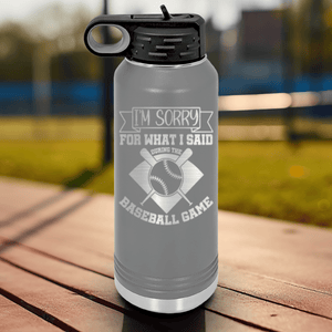 Grey Baseball Water Bottle With Baseball Game Day Regrets Design