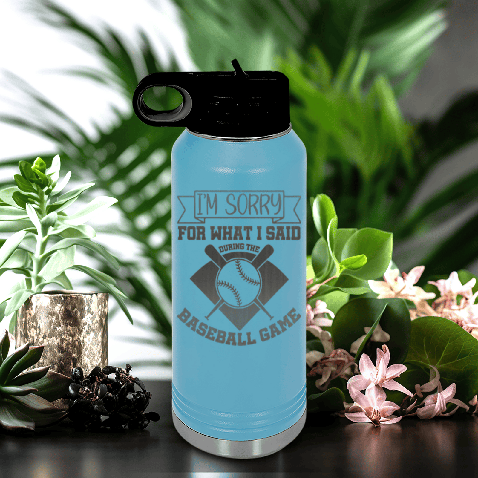 Light Blue Baseball Water Bottle With Baseball Game Day Regrets Design