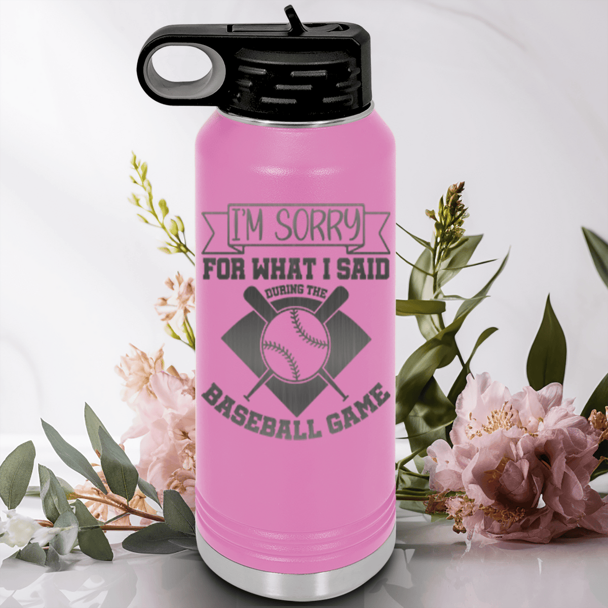 Light Purple Baseball Water Bottle With Baseball Game Day Regrets Design