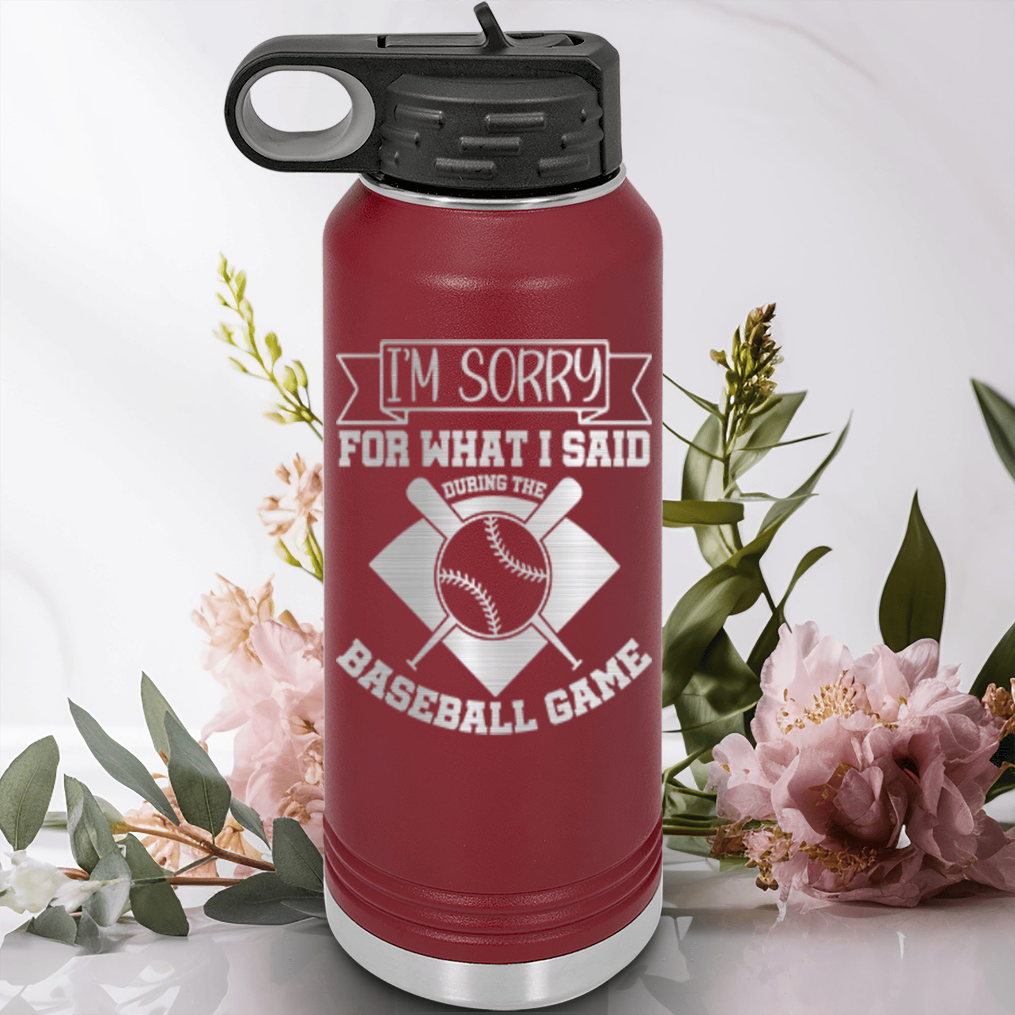 Maroon Baseball Water Bottle With Baseball Game Day Regrets Design