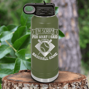 Military Green Baseball Water Bottle With Baseball Game Day Regrets Design