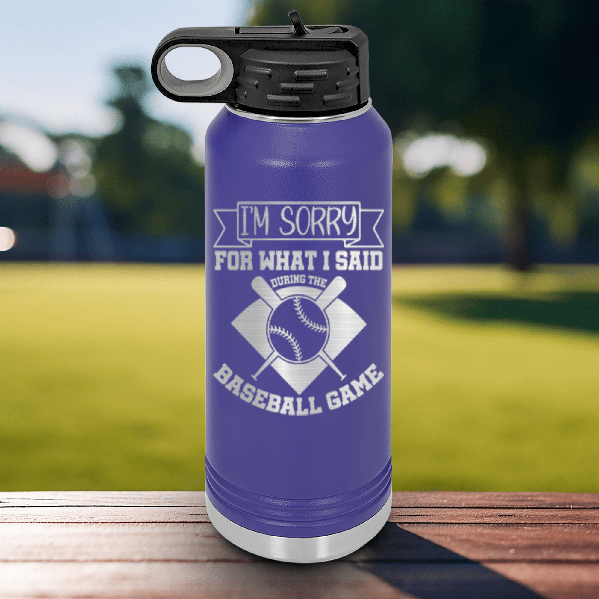 Purple Baseball Water Bottle With Baseball Game Day Regrets Design