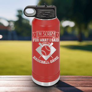 Red Baseball Water Bottle With Baseball Game Day Regrets Design
