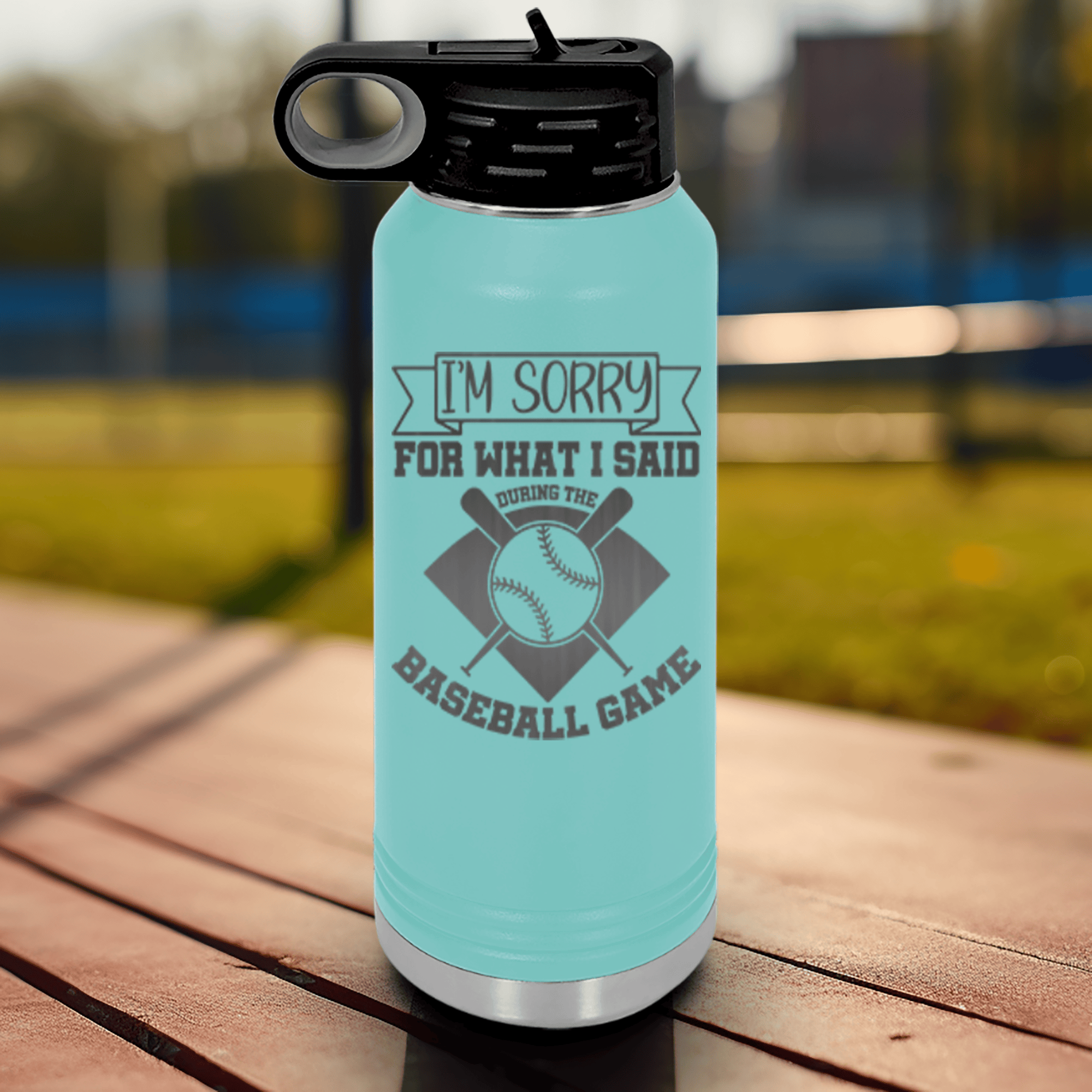 Teal Baseball Water Bottle With Baseball Game Day Regrets Design