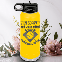 Load image into Gallery viewer, Yellow Baseball Water Bottle With Baseball Game Day Regrets Design
