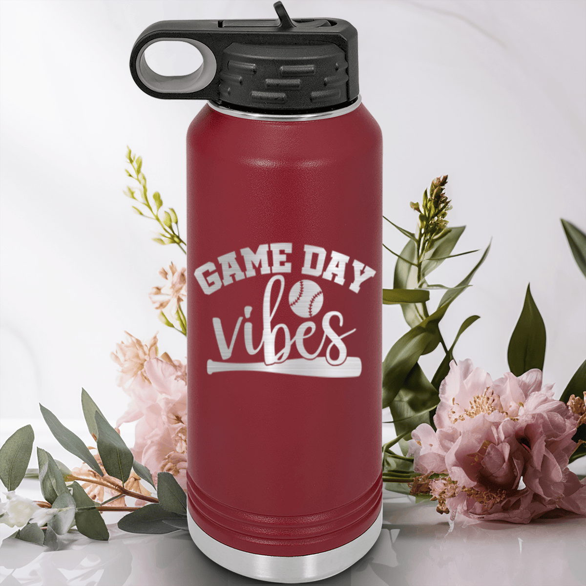 Maroon Baseball Water Bottle With Baseball Mood Design