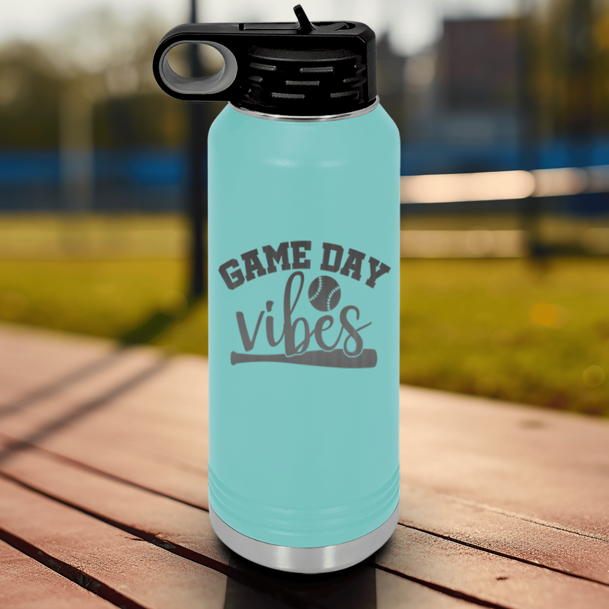 Teal Baseball Water Bottle With Baseball Mood Design