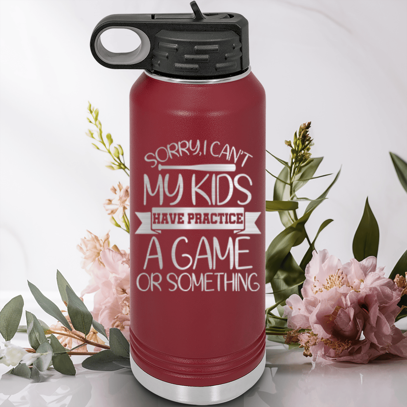Maroon Baseball Water Bottle With Busy Ballpark Nights Design