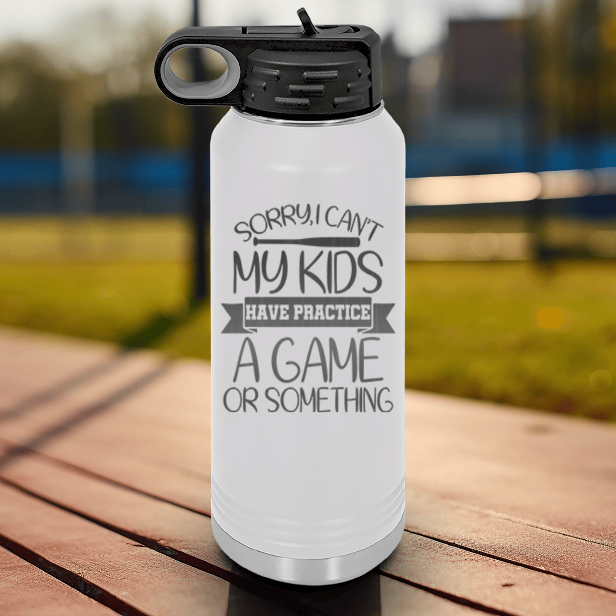 White Baseball Water Bottle With Busy Ballpark Nights Design